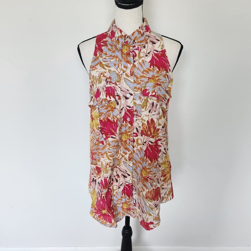 Anthropologie Summer Cotton Button Down Sleeveless Floral Blouse Top Shirt 6 🌺